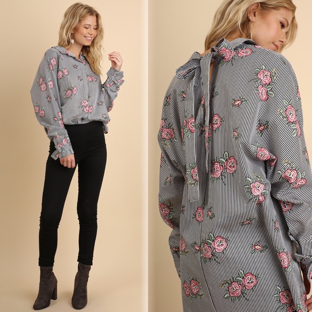 Umgee Floral Striped Women's Button Down Top